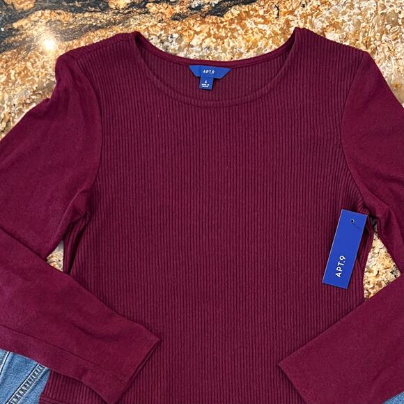 NWT Apt. 9 Burgundy/Maroon Ribbed Asymmetrical Long Sleeve Top - SIZE SMALL - Picture 3 of 9